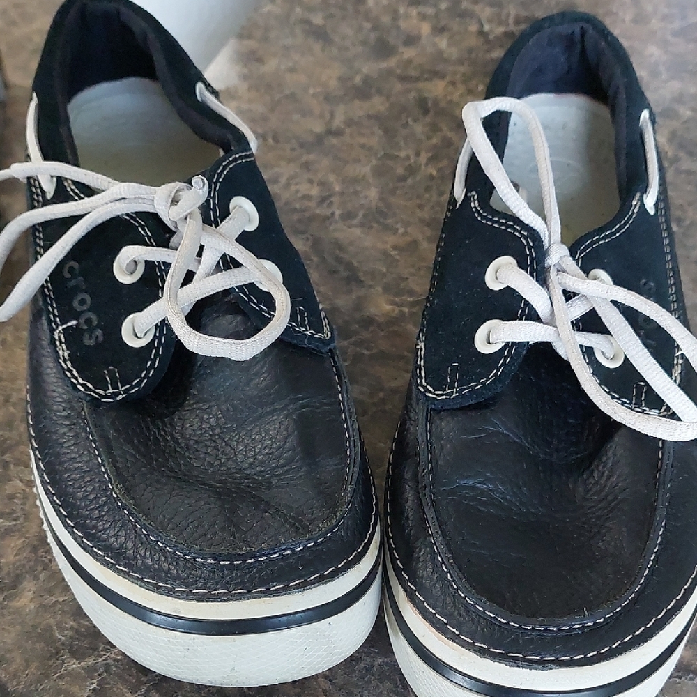 CROCS Black and White Boat Shoes with Moccasin Toe